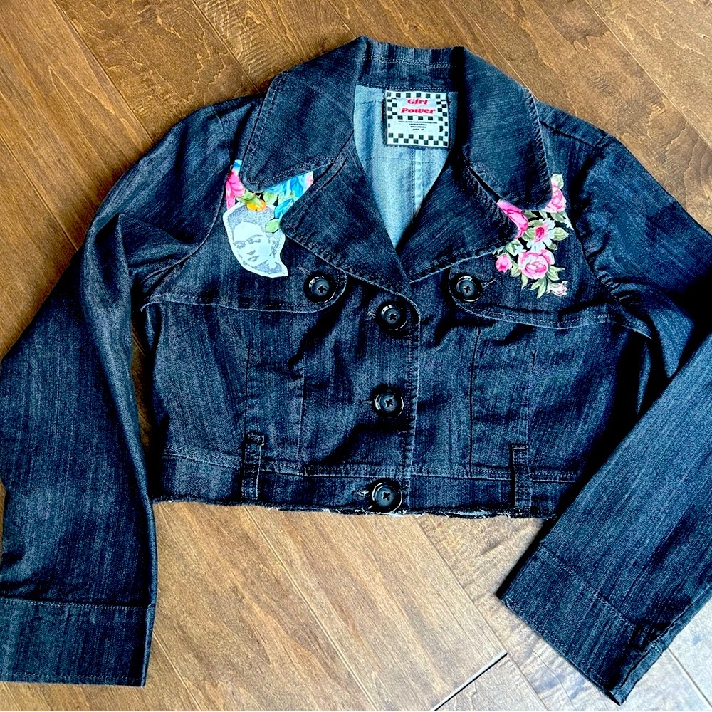 Frida Empowered Women’s Denim Midriff Jacket w/ Flowers